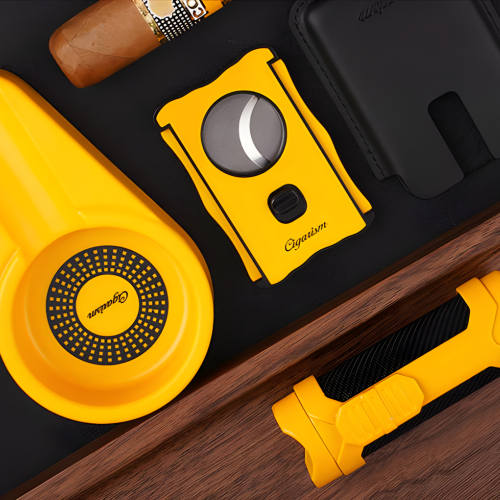 Cigarism Single Torch Jet Flame Lighter, Guillotine Cigar Cutter & Ashtray Gift Set - Yellow Cigarism Single Torch Jet Flame Lighter, Guillotine Cigar Cutter & Ashtray Gift Set - Yellow